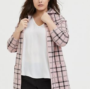 Torrid BLUSH PINK PLAID OPEN FRONT HOODED CARDIGAN